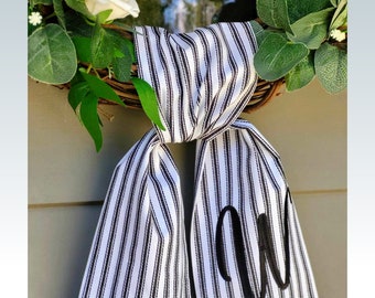 Ticking Stripe Wreath Sash for Front Door Modern Farmhouse Decor Embroidered Wreath Sash Striped Scarf for Boxwood Wreath Housewarming Gift