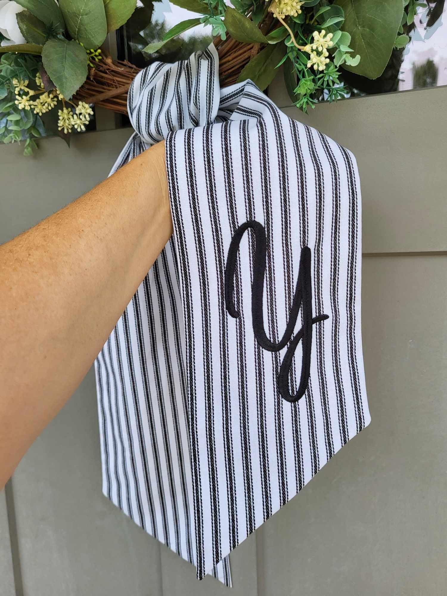 Personalized Black Ticking Stripe Wreath Sash for Front Door, Modern Farmhouse Decor, Striped Embroidered Scarf for Boxwood Wreath, Birthday Gift for Friend