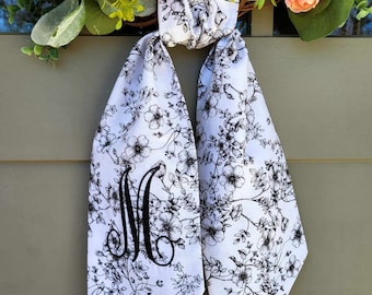 Wreath Sash Floral Scarf for Front Door Wreath Personalized Gift Embroidered Initial Housewarming Gift Black & White Year Round Wreath Sash