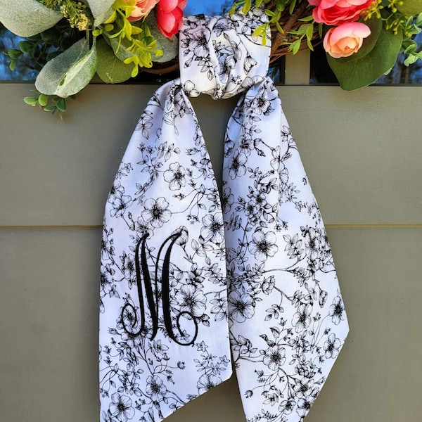 Wreath Sash Floral Scarf for Front Door Wreath Personalized Gift Embroidered Initial Housewarming Gift Black & White Year Round Wreath Sash