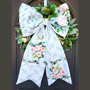 Blue Floral Oversized Quilted Bow: Patchwork-Style Front Door Hanger, Large Light Blue Floral Wreath Bow, Trendy Spring/Summer Porch Decor