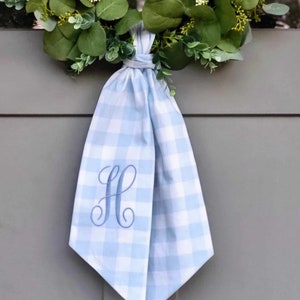 Baby Boy Wreath Sash for Baby Boy Shower Decor Blue Gingham Wreath Scarf Personalized Gift for Baby Shower Embroidered Monogram Baby Gift