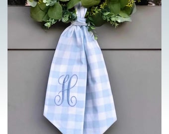 Baby Boy Wreath Sash for Baby Boy Shower Decor Blue Gingham Wreath Scarf Personalized Gift for Baby Shower Embroidered Monogram Baby Gift