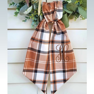 Brown Tartan Fall Wreath Sash for Front Door Decor Fall Brown Plaid Wreath Scarf Fall Plaid Decor Embroidered Wreath Sash Fall Hostess Gift