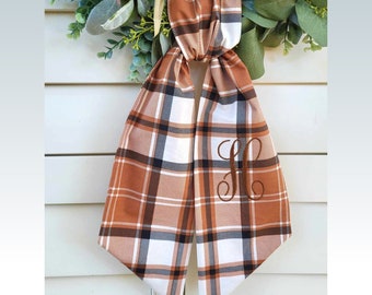 Brown Tartan Fall Wreath Sash for Front Door Decor Fall Brown Plaid Wreath Scarf Fall Plaid Decor Embroidered Wreath Sash Fall Hostess Gift