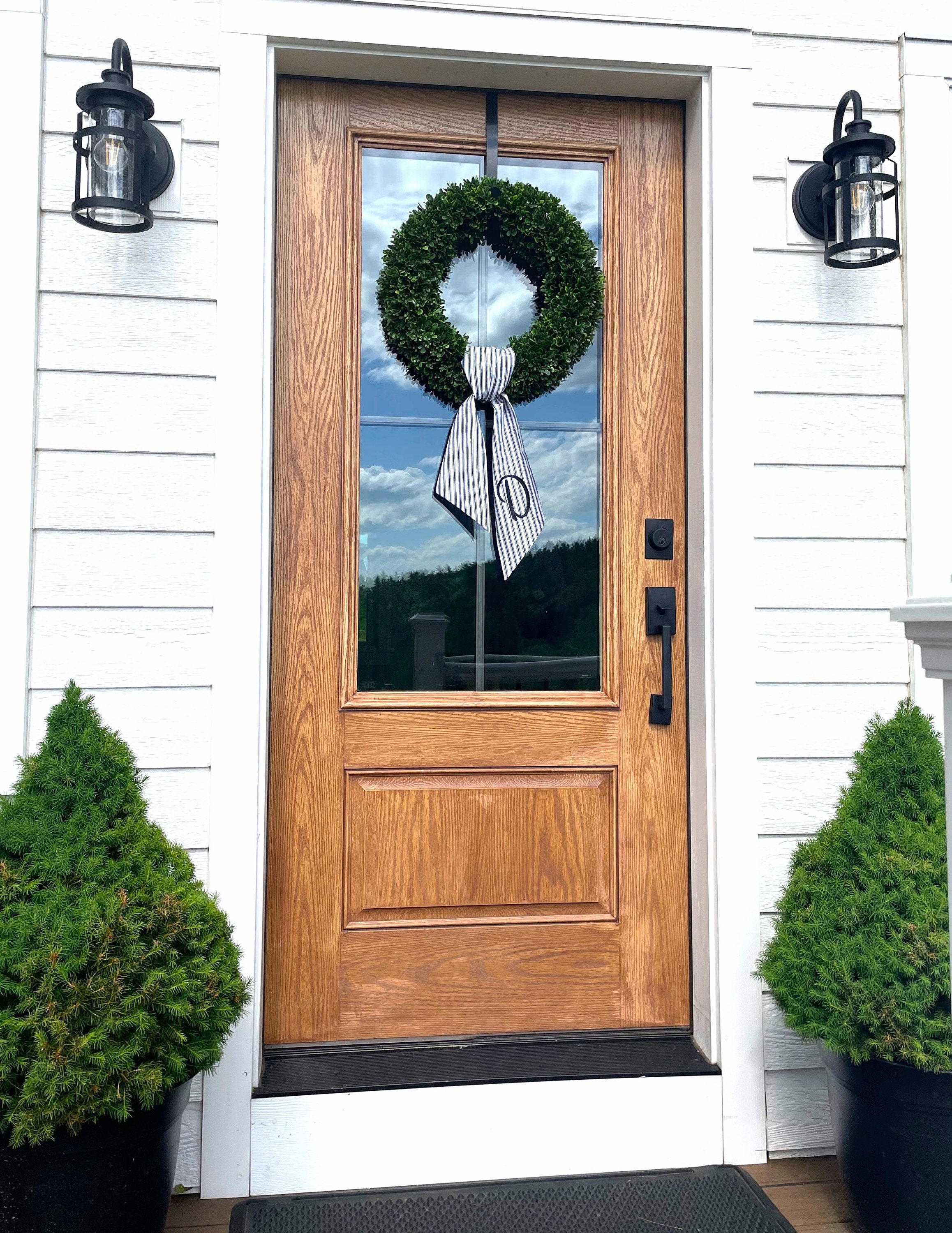 Personalized Black Ticking Stripe Wreath Sash for Front Door, Modern Farmhouse Decor, Striped Embroidered Scarf for Boxwood Wreath, Birthday Gift for Friend