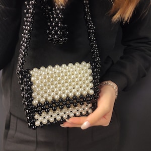 Pearl Bag , Pearl Beaded Bag , White and Black Bag , Bead Bag , Clutch ...