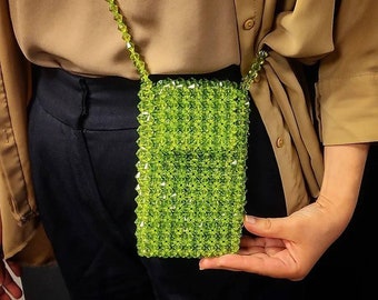 Phone bag, Crystal bead bag, Crossbody Bead , Women Bead bag, Bead Bag, White Bead bag, Green Crystal Bead Bag, Women handbags