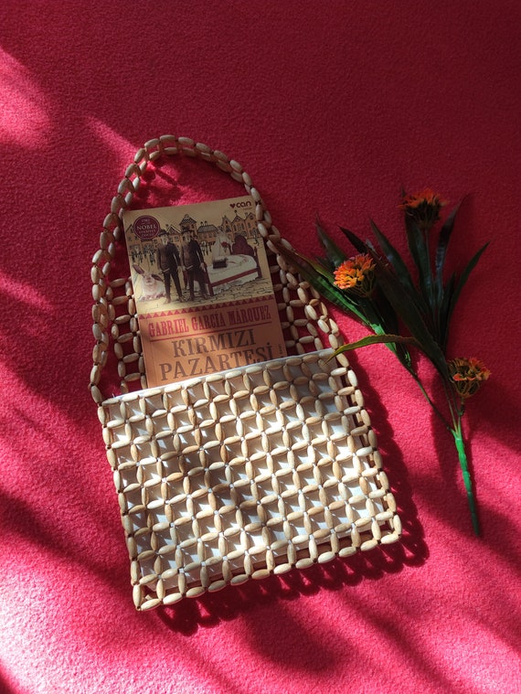 Sac En Perles De Bois Années 80 Vintage - Bandoulière - Occasion Très Bon État