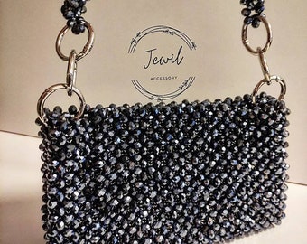 Crystal bead bag, Bead shoulder bag, Women Bead bag, Bead Bag, Black Bead bag, Dark Blue Crystal Bead Bag, Women handbags, Bead Bag Vintage,