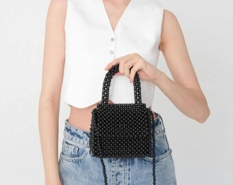 Pearl Bead Bag, Black Pearl Bead Bag, Black bead bag, Black evening bag, Black clutch bag, Bead shoulder bag, Bead Bag, Pearl bag