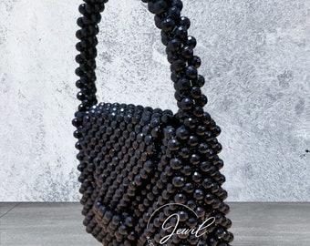 Handmade Black Crystal Beaded Bag: Vintage Shoulder Bag