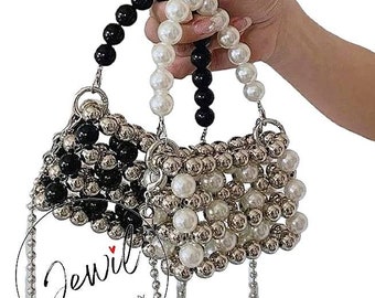 Handmade Pearl & Metal Bead Bag: Silver Shoulder Bag