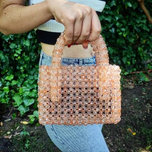 Salmon Pink Beaded Bag: Vintage Crystal Bead Shoulder Bag