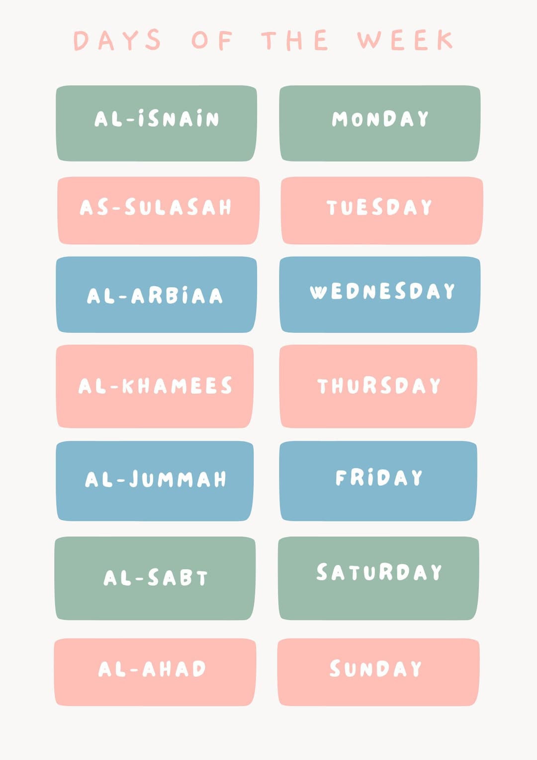 Arabic Days of the Week Arabic Preschool Nursery Etsy
