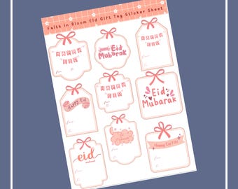 May include: A sheet of pink Eid gift tag stickers with various shapes and designs. The tags feature phrases like "Happy Eid" and "Eid Mubarak" in decorative fonts. Each tag includes space for a "From" line.