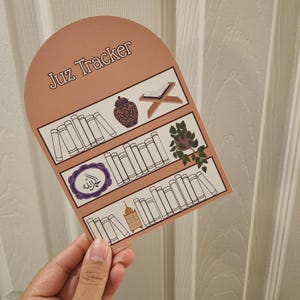 May include: A Juz Tracker card with a bookshelf design. The card is peach-colored with the words "Juz Tracker" at the top. The shelves feature illustrations of books, a vase, a book stand, a plant, and a lantern.