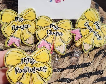 Personalized Teacher Pencil Bow Badge Reels