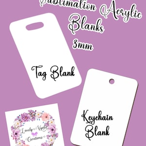 Puede incluir: Plantillas de acrílico para sublimación de 3 mm de grosor. La imagen muestra una plantilla para etiqueta, una plantilla para llavero y un logotipo para Lovely Violet Creations.