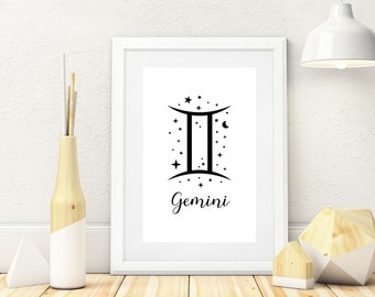 Gemini Print, Zodiac Imprimible, Gemini Zodiac gifts, Signo zodiacal, Zodiac art, Print Digital Download