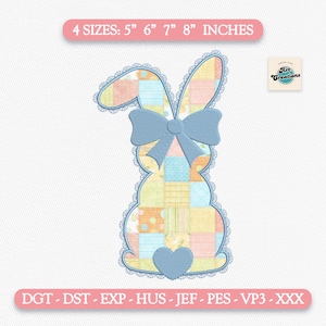以下が含まれることがあります： パステルカラーのパッチワーク模様のイースターバニーのデザイン。青いリボンとハートが特徴です。デザインはレーストリムで縁取られています。上部のテキストには「4サイズ：12.7cm 15.2cm 17.8cm 20.3cm INCHES」と書かれています。