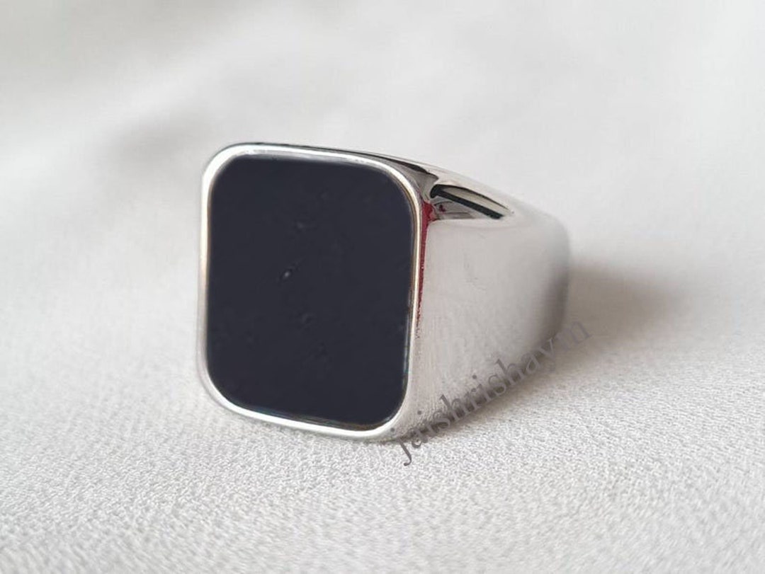 Natural Black Onyx Ring Men Cushion Signet Ring Onyx Sterling Silver ...