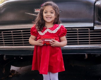 Red Velvet Collar Dress for Baby and Toddler Girls - Girls Christmas Dress - Baby Christmas Dress - Toddler Christmas Dress - Vintage Style