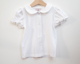 White Jersey Knit Peter Pan Collar Short Sleeved Shirt Baby Toddler Girls - Classic Style Girls Shirt