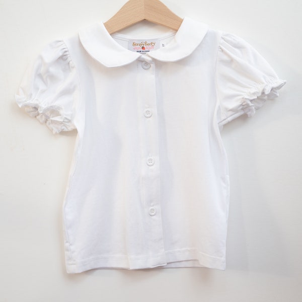 White Jersey Knit Peter Pan Collar Short Sleeved Shirt Baby Toddler Girls - Classic Style Girls Shirt