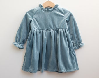 Blue Christmas Dress - Blue Velvet Dress -  Holiday Toddler Dress - Velvet Dress - Retro Vintage Girls Dress - 60s Style - Mod Christmas
