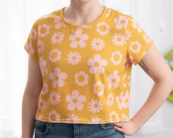 Mustard Retro Flower Print Crop Top Tee - Women's Crop Top T-Shirt - Retro Shirt - Vintage Style Shirt - Flower Power Shirt - Groovy