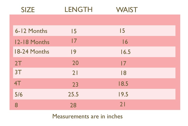 May include: A chart showing size, length, and waist measurements in inches for children's clothing. The sizes range from 6-12 months to size 8.