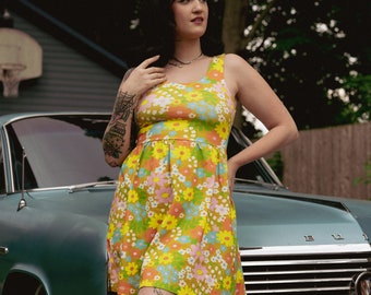 Women's Vintage Style Dress - Women's 60s Dress - 60s Flower Power Dress - Retro Floral Dress - Jersey Summer Dress - Women's Retro Dress