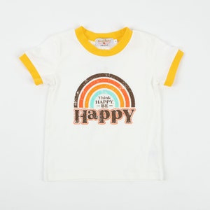 Think Happy Be Happy Retro Ringer T-Shirt for Baby and Little Kids- Toddler Ringer Tee -  Toddler Boy Clothes - Vintage Retro - Rainbow
