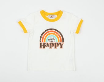 Think Happy Be Happy Retro Ringer T-Shirt for Baby and Little Kids- Toddler Ringer Tee -  Toddler Boy Clothes - Vintage Retro - Rainbow