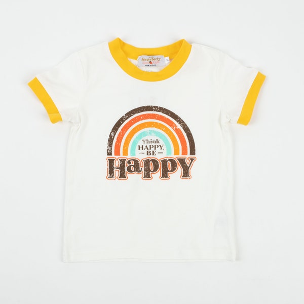 Think Happy Be Happy Retro Ringer T-Shirt for Baby and Little Kids- Toddler Ringer Tee -  Toddler Boy Clothes - Vintage Retro - Rainbow