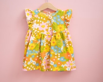 Girls Sixties Floral Dress - Flutter Sleeve Toddler Dress - Toddler Girl Dress - Vintage Style Dress - Retro Girls Dress - Toddler Girl