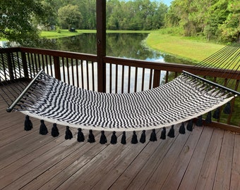 Single Cotton Hammock - Handwoven Handmade Artisan -  Black and Natural Beige Zebra Weave