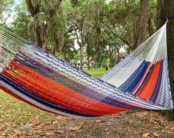 2 Person Cotton Hammock - Handwoven Mayan Artisan - Red White and Blue USA - FREE Shipping