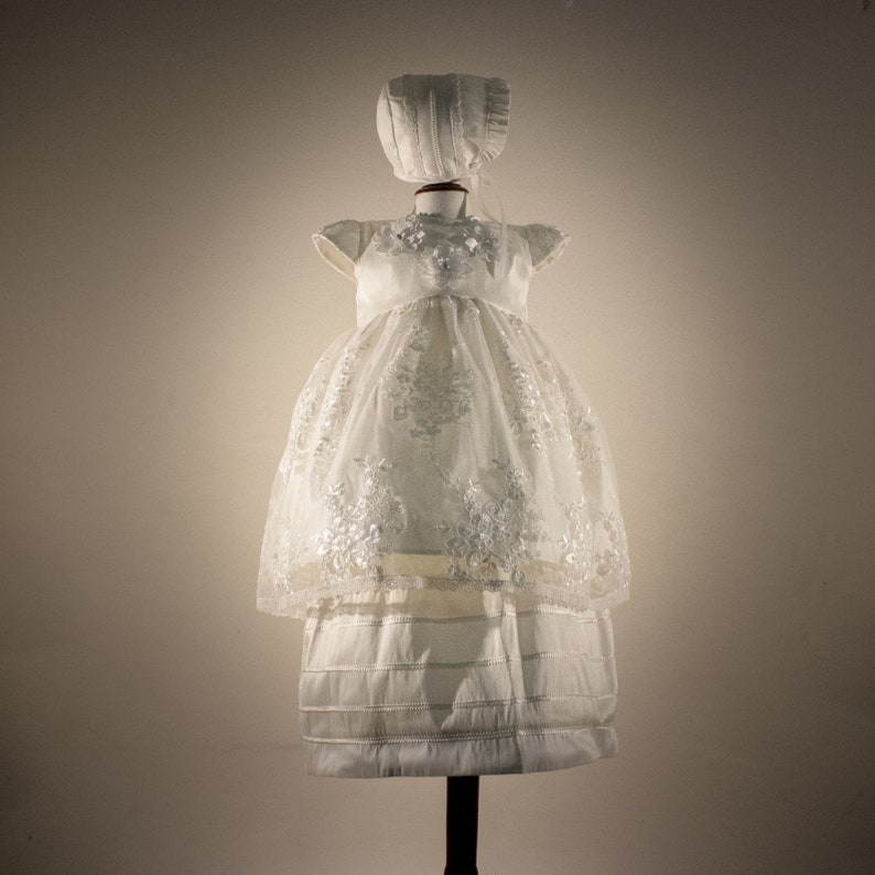Baptizing ropon for girl fully lined Christening gown CRISTINA Handmade. Made in French Shangtun