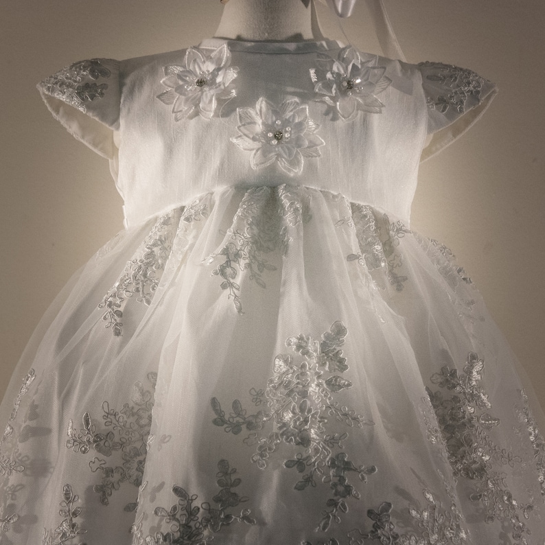 Baptizing ropon for girl fully lined Christening gown CRISTINA Handmade. Made in French Shangtun
