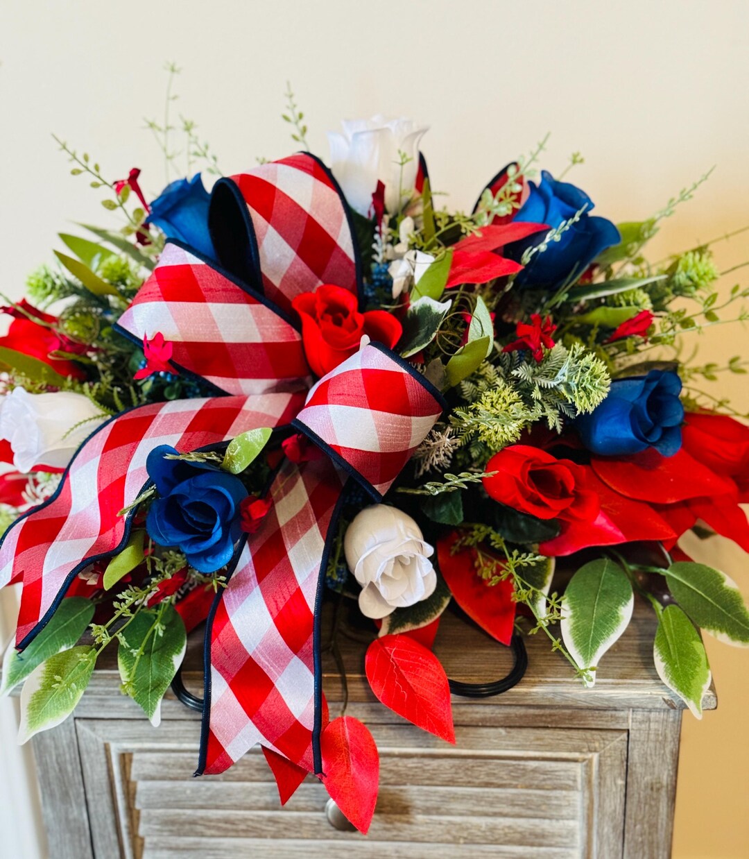 Patriotic Cemetery Grave Saddle,red White and Blue Memorial Flowers ...