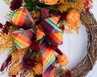 Fall Peony Grapevine Wreath, Autumn Door Decor, fall peony front door wreath, fall door wreath, autumn door decor, autumn grapevine wreath