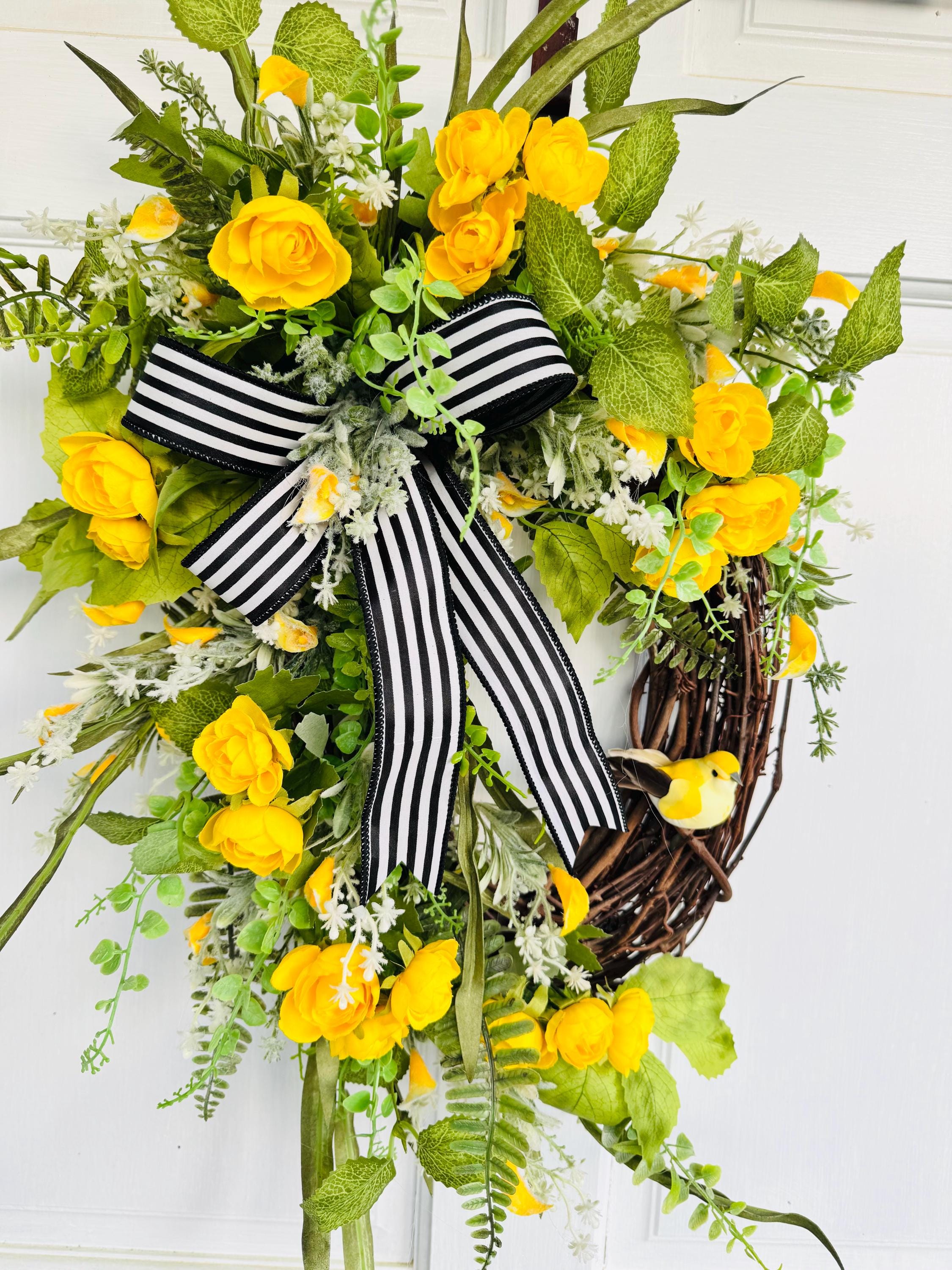 Yellow Ranunculus Spring Wreath: Black  White Bow, Front Door Decor, summer front door grapevine wreath, springtime door decor