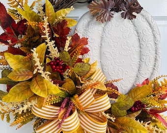 Cream Pumpkin Fall Wreath, fall wreath with metal pumpkin, large cream pumpkin door wreath, autumn harvest door wreath