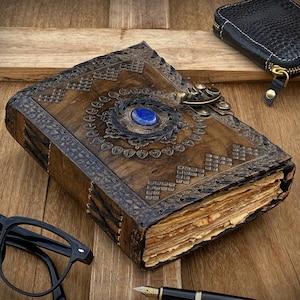 Embossed Leather Journal: Lapis Lazuli Stone, Vintage Lock, Deckle Edge Paper
