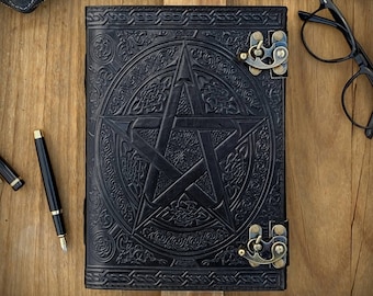 Diario de cuero con pentagrama: Libro de hechizos de brujas de las sombras, candado vintage, 25 x 18 cm