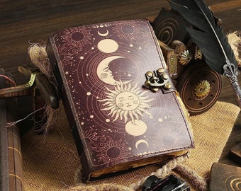 Sun moon vintage leather journal, grimoire journal, spell book of shadows journal wiccan decor for man women, sun moon gift