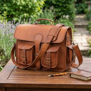 Gepersonaliseerde leren schoudertas voor heren, aktetas met monogram, handgemaakte werktas, kantoortas voor laptop