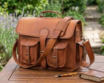 Personalized Leather Messenger Bag for Men, Monogram Briefcase, Handmade Work Satchel, Laptop Office Bag